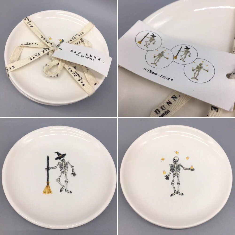 4 RAE DUNN Halloween Appetizer Plate Set Skeleton Witch Candy Corn Juggle 2018
